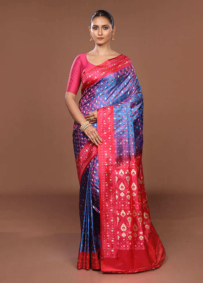 Blue Tanchoi Silk Saree With Blouse Piece - Image 2