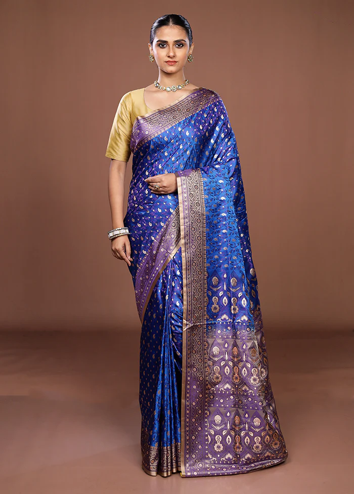 Blue Tanchoi Silk Saree With Blouse Piece - Image 2