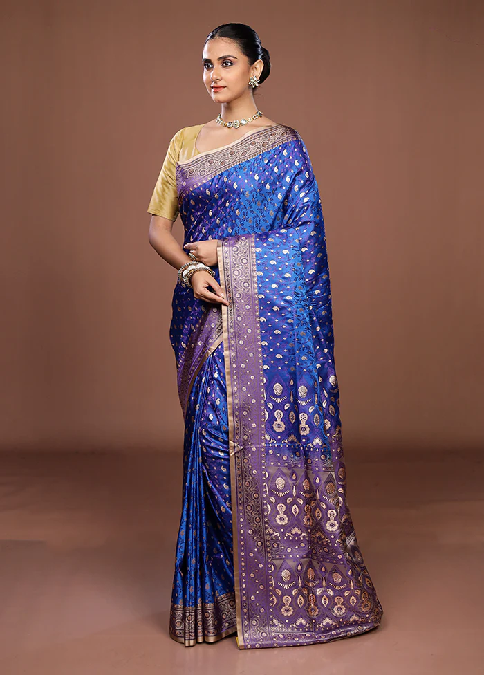 Blue Tanchoi Silk Saree With Blouse Piece - Image 4
