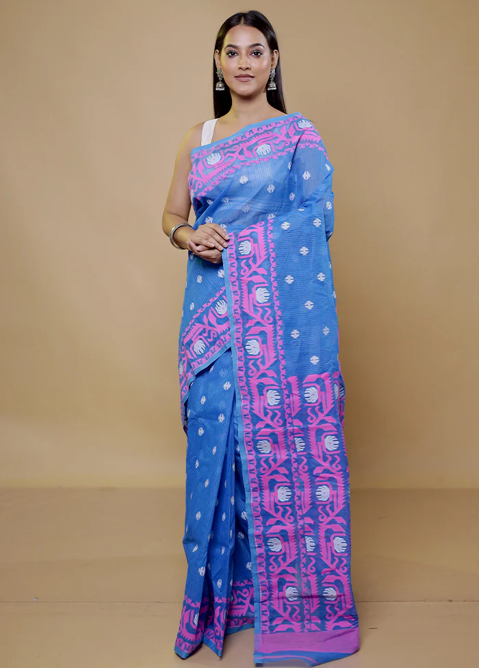 Blue Tant Jamdani Saree Without Blouse Piece - Image 2