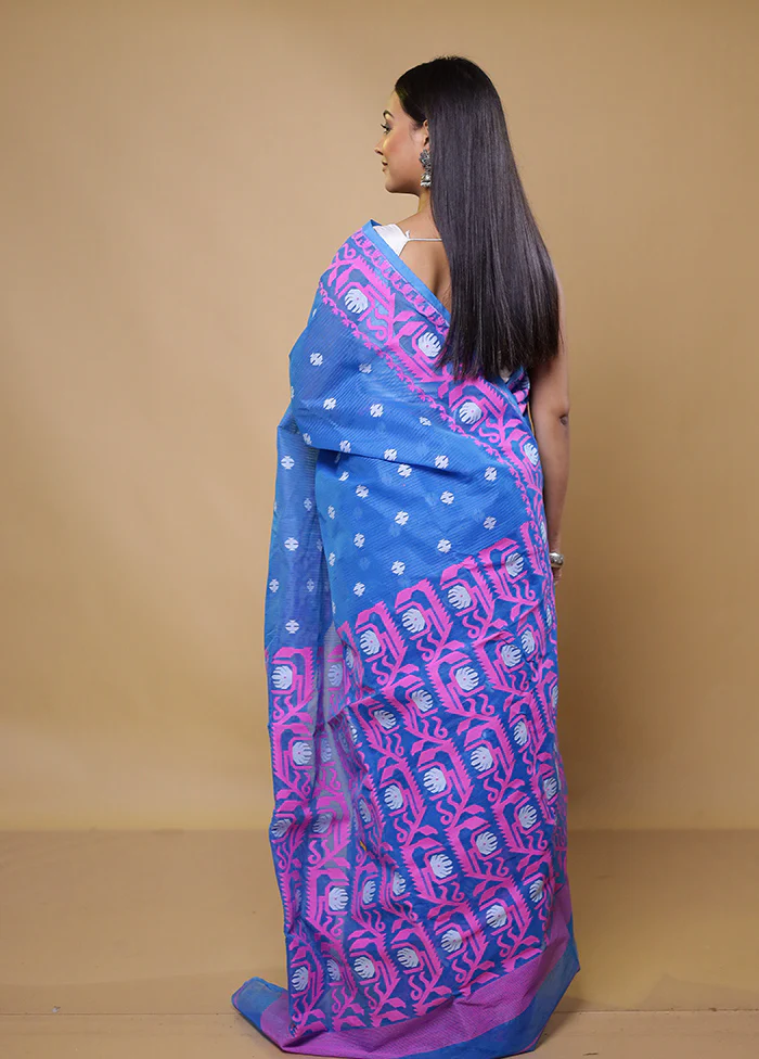 Blue Tant Jamdani Saree Without Blouse Piece - Image 3