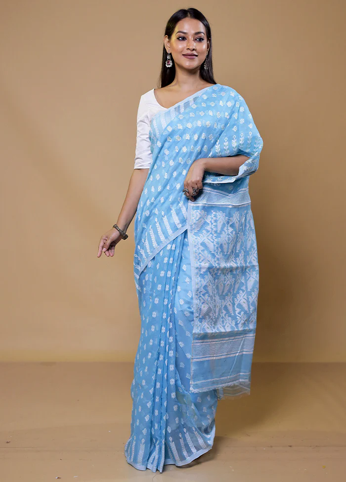 Blue Tant Jamdani Saree Without Blouse Piece - Image 2