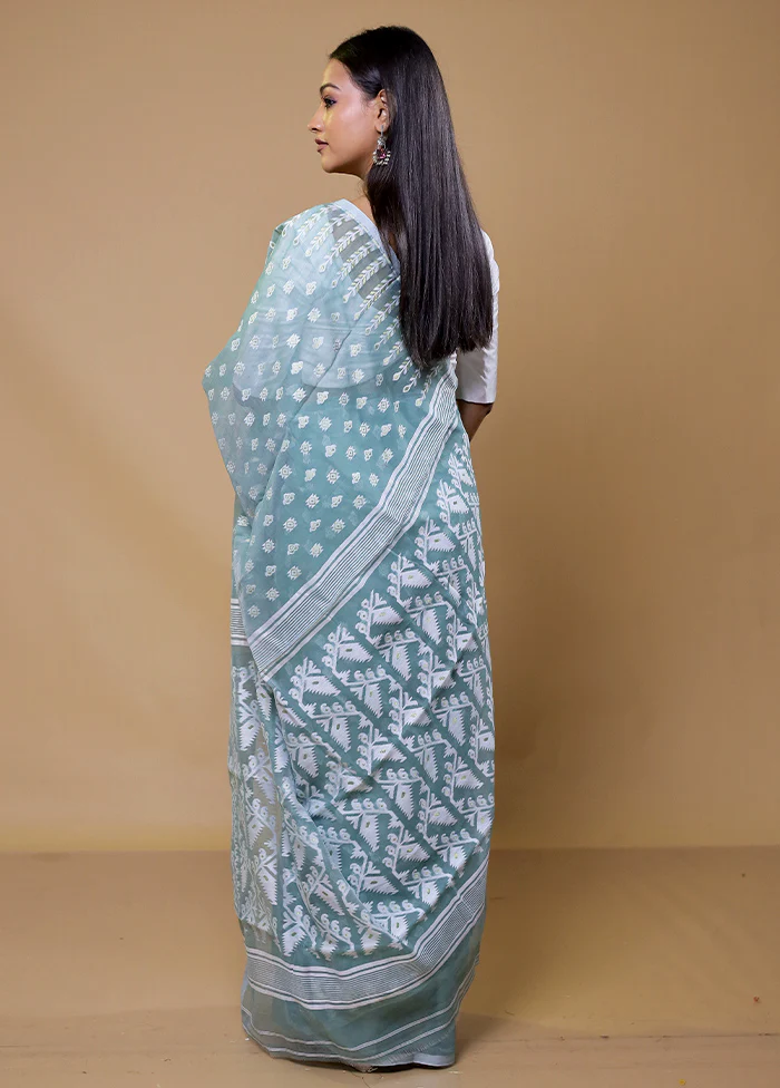 Blue Tant Jamdani Saree Without Blouse Piece - Image 3