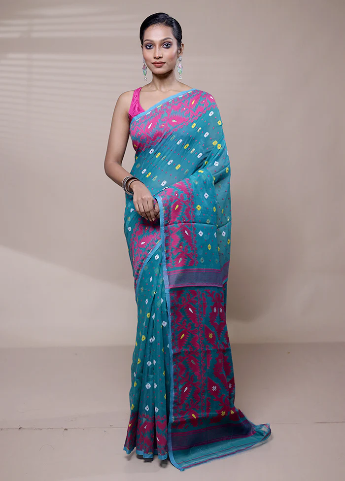 Blue Tant Jamdani Saree Without Blouse Piece - Image 2