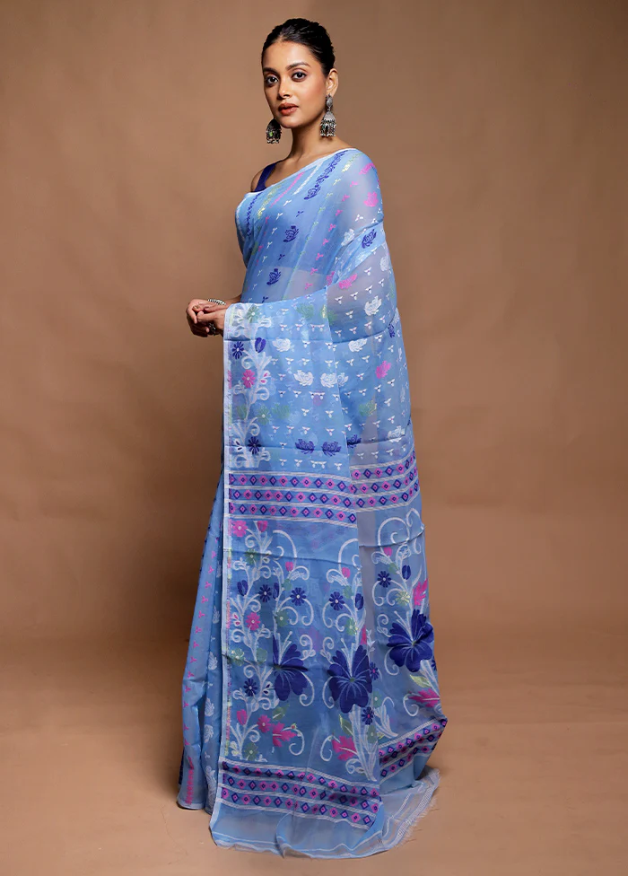 Blue Tant Jamdani Saree Without Blouse Piece - Image 4