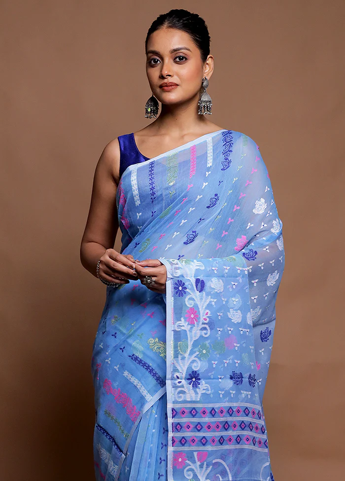 Blue Tant Jamdani Saree Without Blouse Piece - Image 2