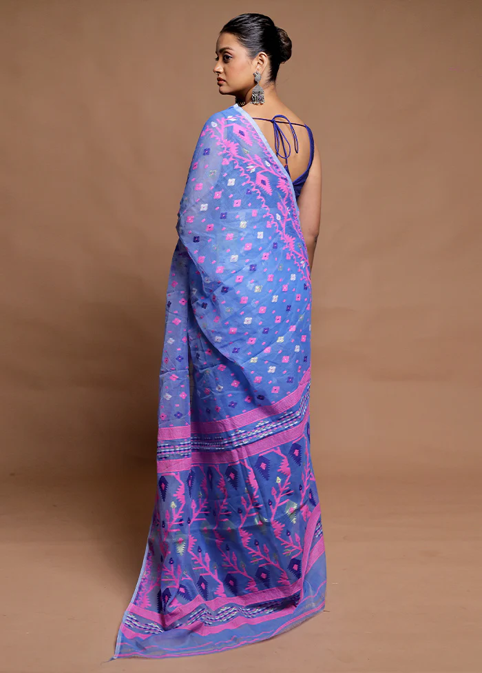 Blue Tant Jamdani Saree Without Blouse Piece - Image 3