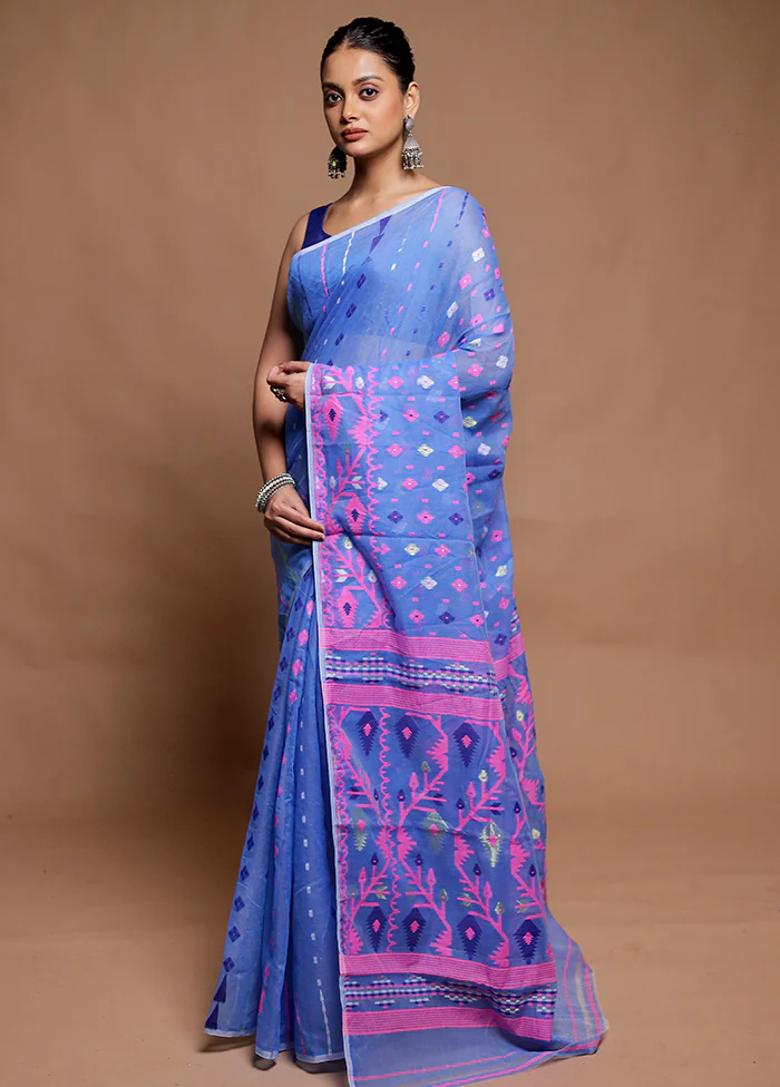 Blue Tant Jamdani Saree Without Blouse Piece - Image 4