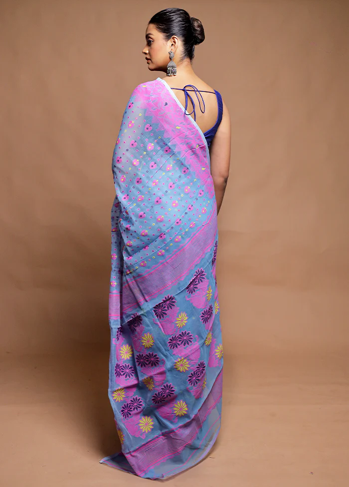 Blue Tant Jamdani Saree Without Blouse Piece - Image 3