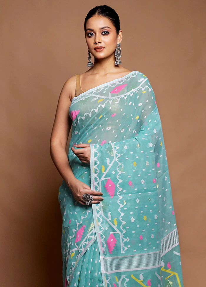 Blue Tant Jamdani Saree Without Blouse Piece - Image 2