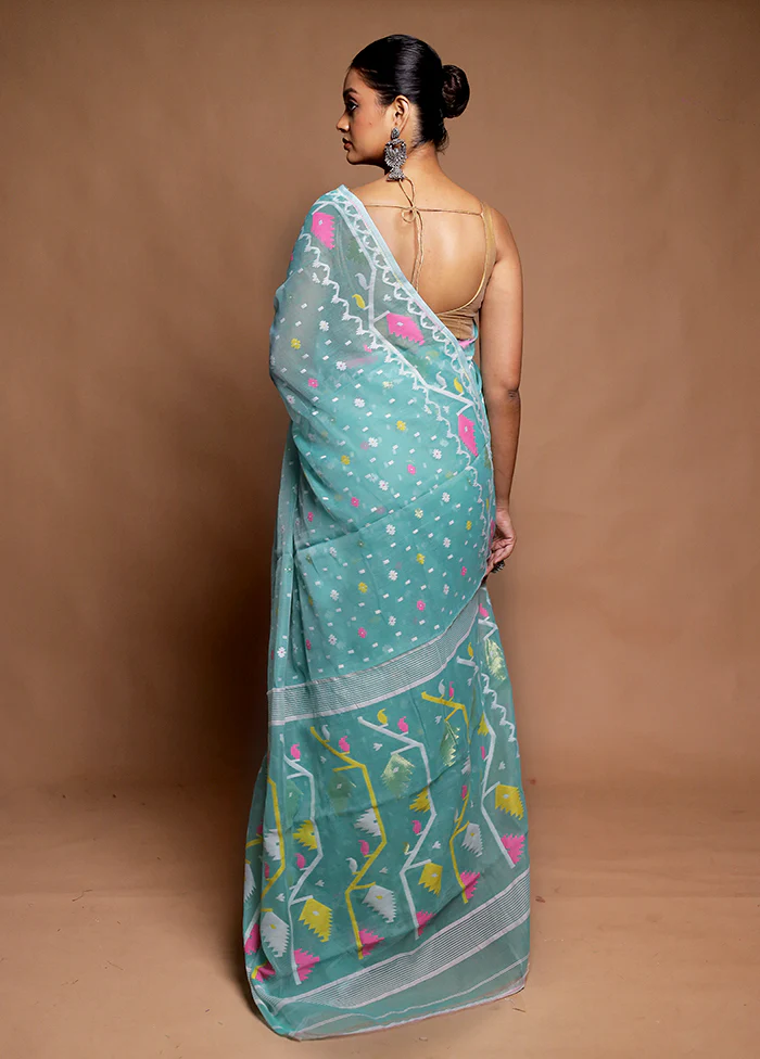 Blue Tant Jamdani Saree Without Blouse Piece - Image 3