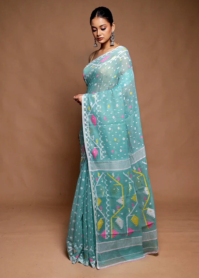 Blue Tant Jamdani Saree Without Blouse Piece - Image 4