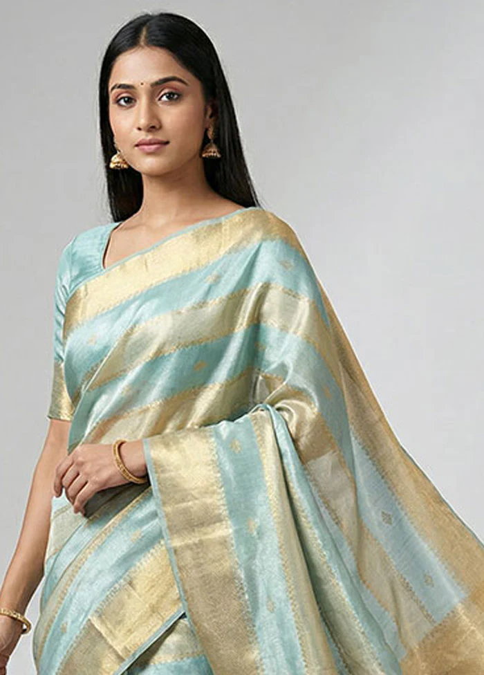 Blue Tissue Silk Saree With Blouse Piece - Image 2