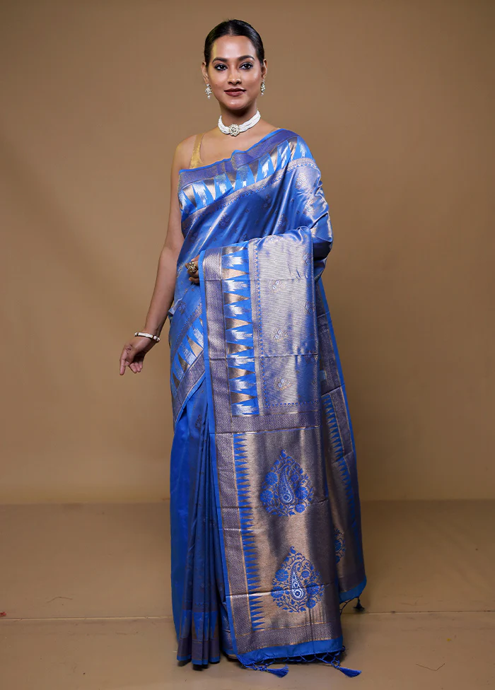 Blue Tissue Silk Saree With Blouse Piece - Image 2