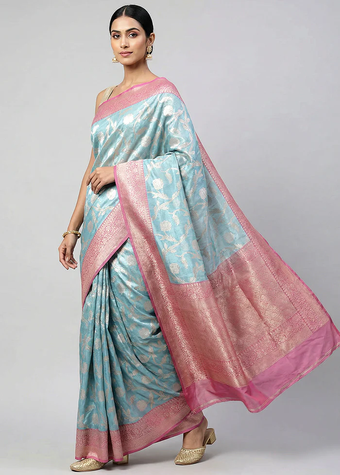 Blue Tissue Silk Saree With Blouse Piece