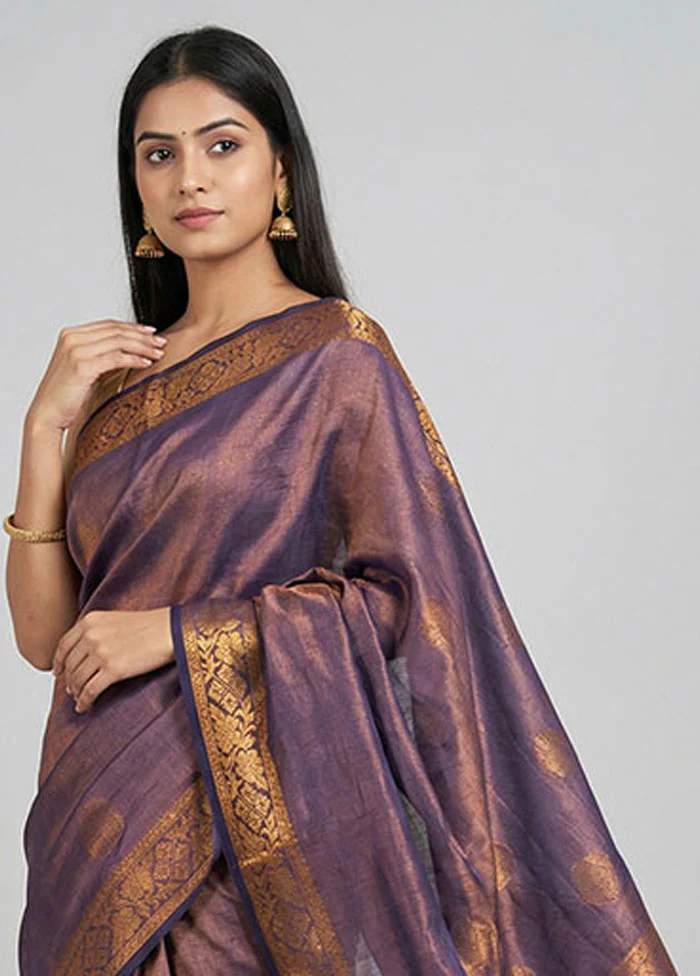 Blue Tissue Silk Saree With Blouse Piece - Image 2