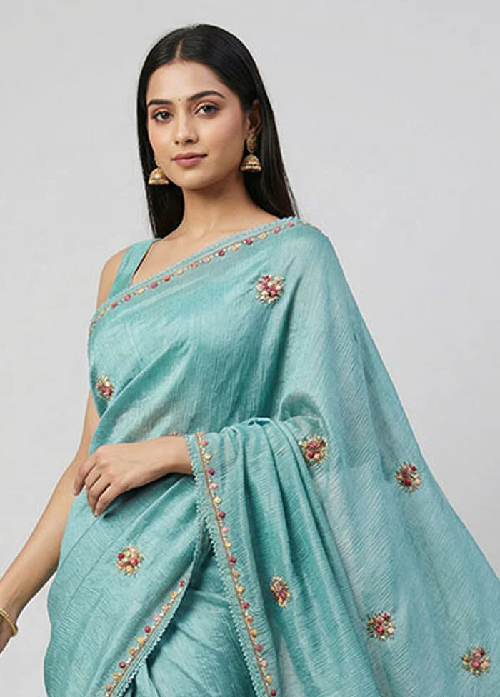 Blue Tissue Silk Saree With Blouse Piece - Image 2