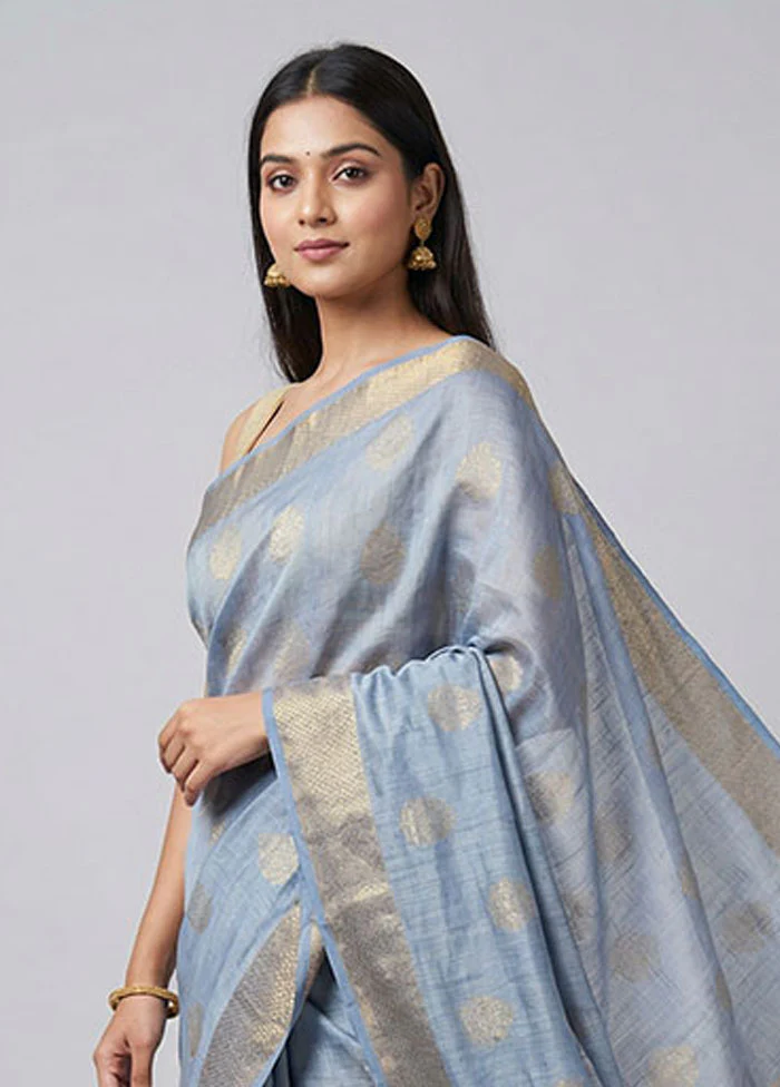 Blue Tissue Silk Saree With Blouse Piece - Image 2