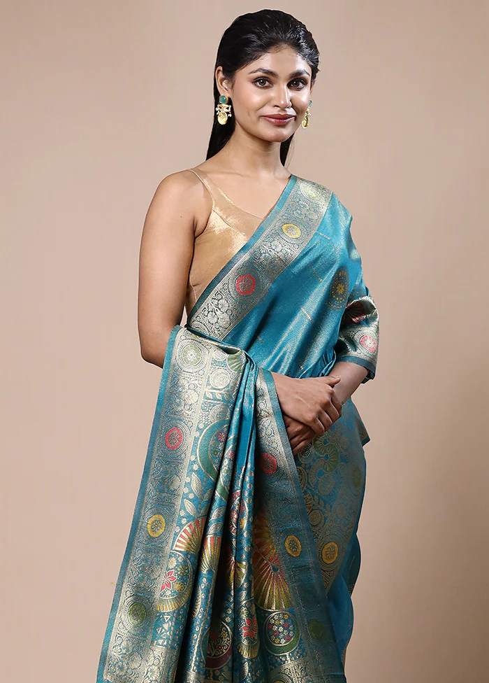 Blue Tissue Silk Saree With Blouse Piece