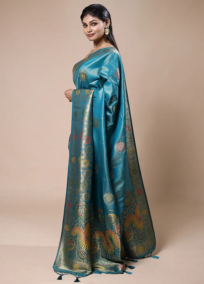 Blue Tissue Silk Saree With Blouse Piece - Image 2