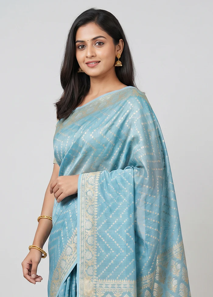 Blue Tissue Silk Saree With Blouse Piece - Image 2