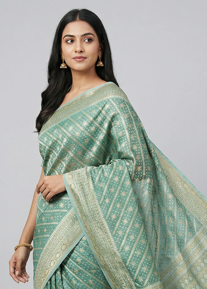 Blue Tissue Silk Saree With Blouse Piece - Image 2