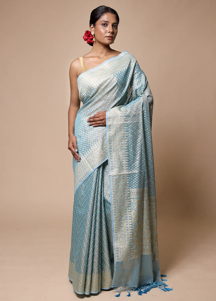 Blue Tissue Silk Saree With Blouse Piece - Image 2