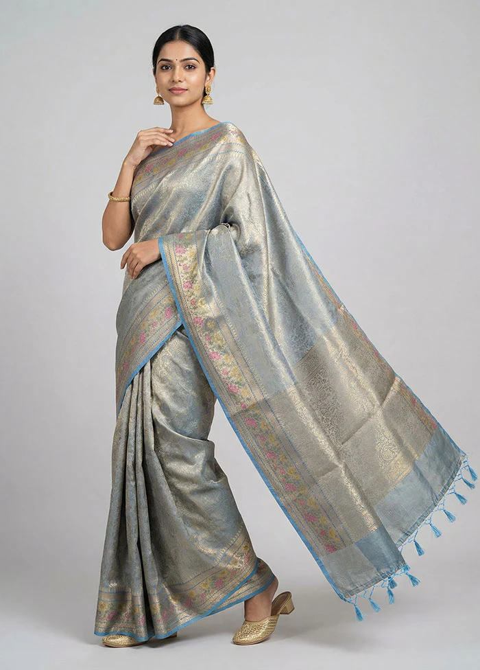 Blue Tissue Silk Saree With Blouse Piece