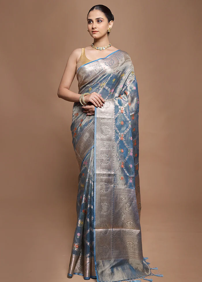 Blue Tissue Silk Saree With Blouse Piece