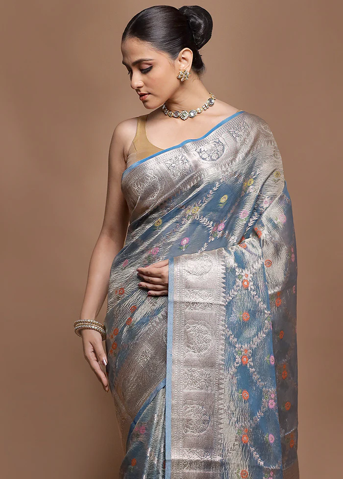 Blue Tissue Silk Saree With Blouse Piece - Image 2