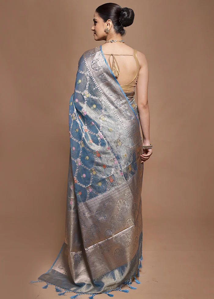 Blue Tissue Silk Saree With Blouse Piece - Image 3