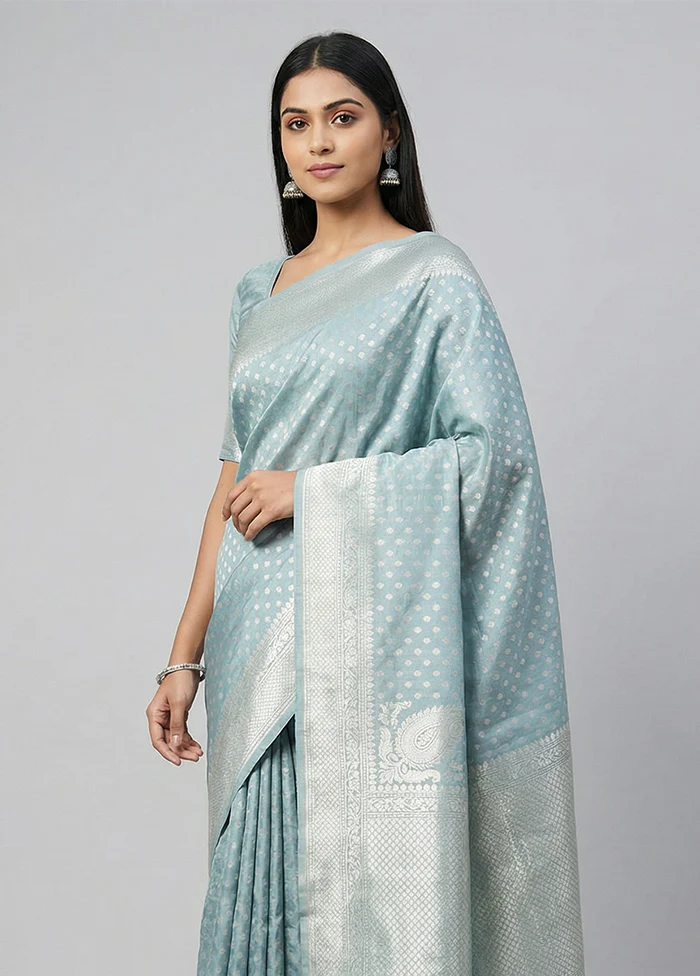Blue Tissue Silk Saree With Blouse Piece - Image 2