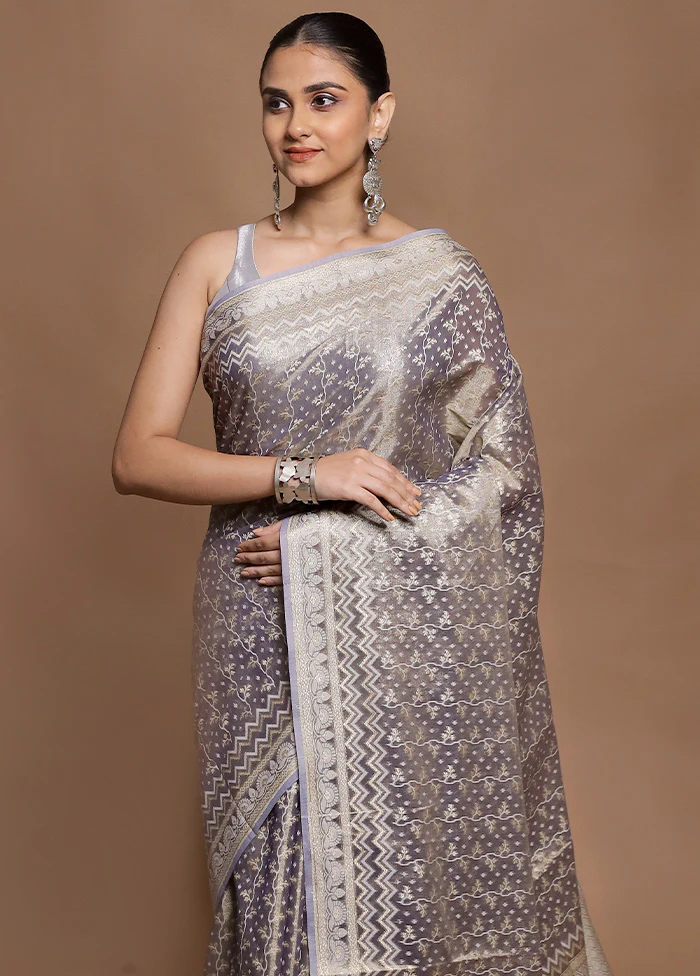 Blue Tissue Silk Saree With Blouse Piece - Image 2