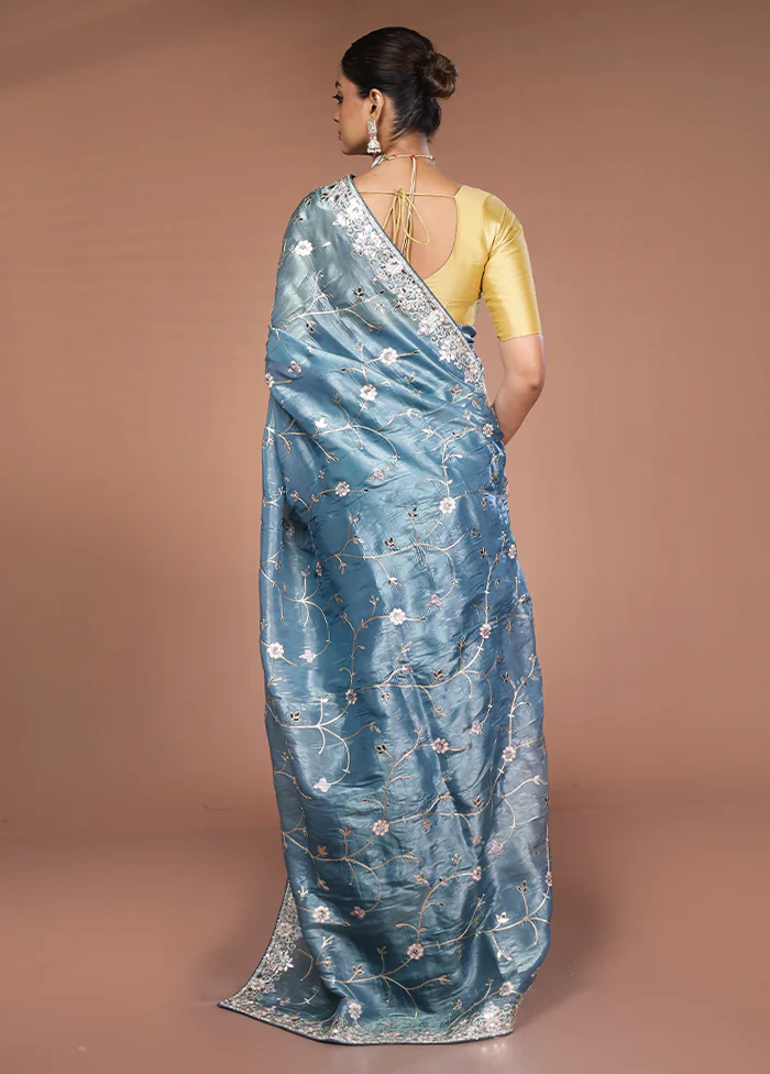 Blue Tissue Silk Saree With Blouse Piece - Image 3