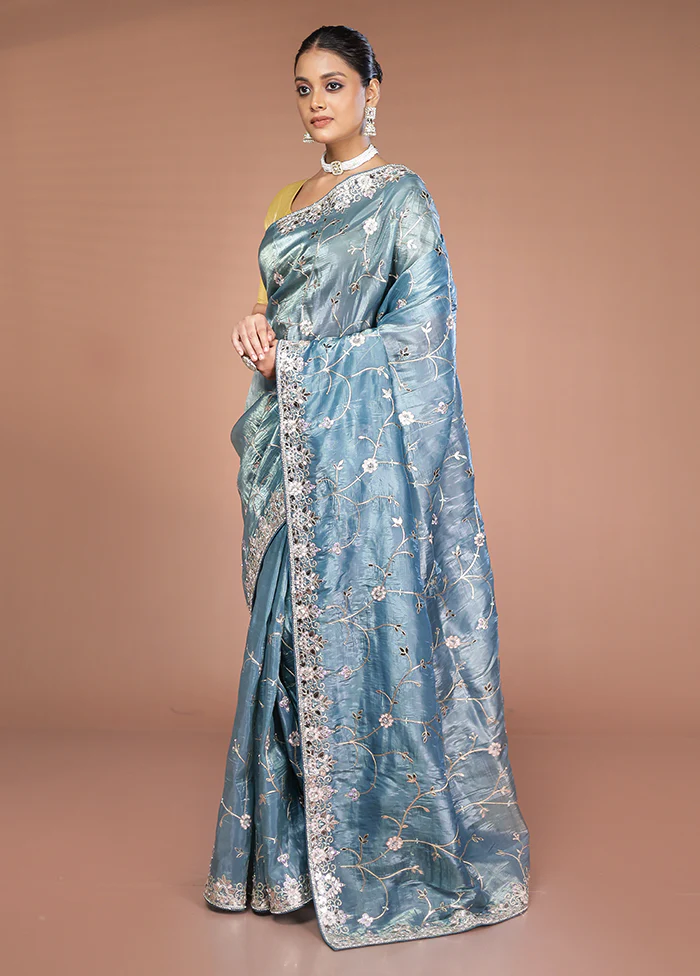 Blue Tissue Silk Saree With Blouse Piece - Image 4