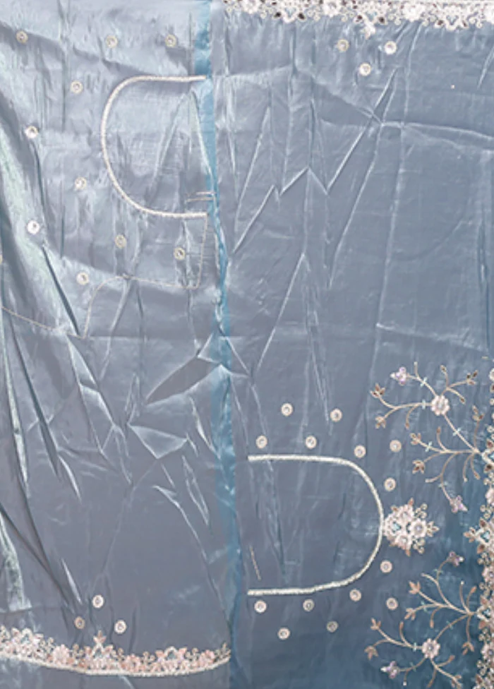 Blue Tissue Silk Saree With Blouse Piece - Image 5