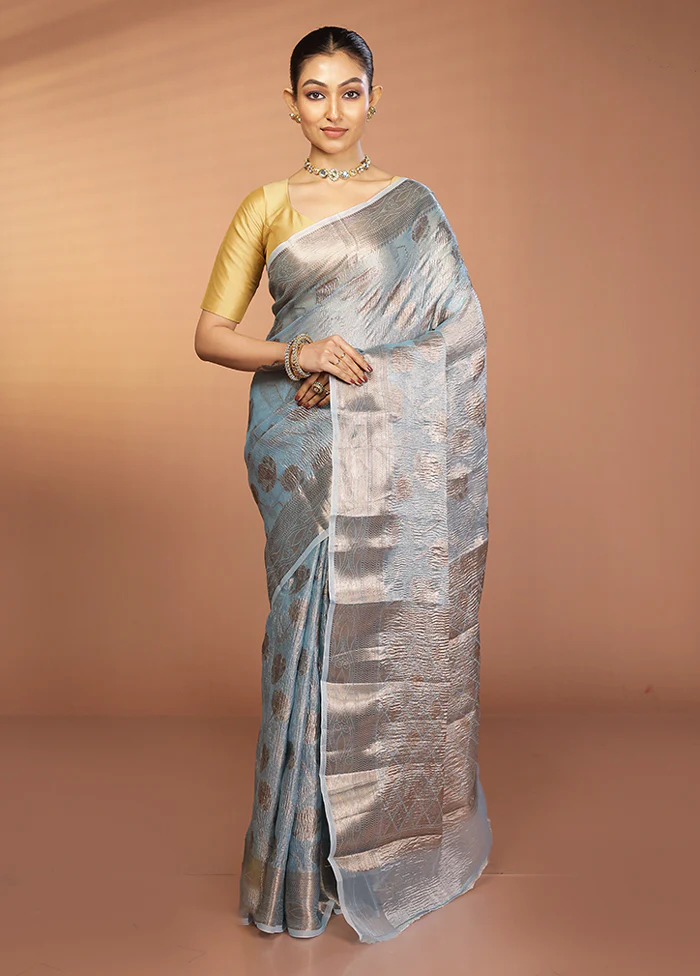 Blue Tissue Silk Saree With Blouse Piece - Image 2