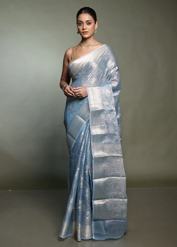 Blue Crushed Tissue Silk Saree With Blouse Piece - Image 2