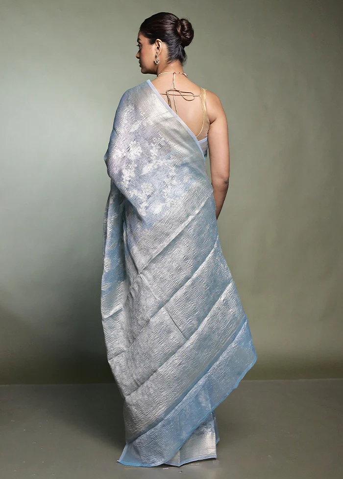 Blue Crushed Tissue Silk Saree With Blouse Piece - Image 3