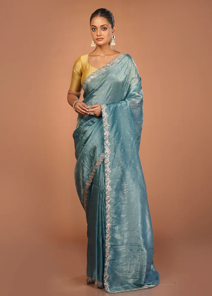 Blue Tissue Silk Saree With Blouse Piece - Image 2