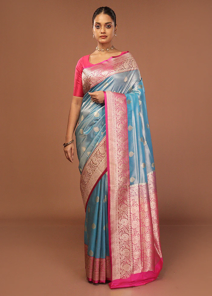 Blue Tissue Silk Saree With Blouse Piece - Image 2