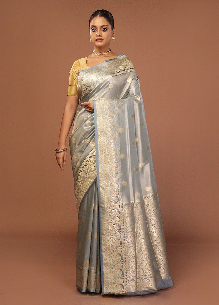 Blue Tissue Silk Saree With Blouse Piece - Image 2