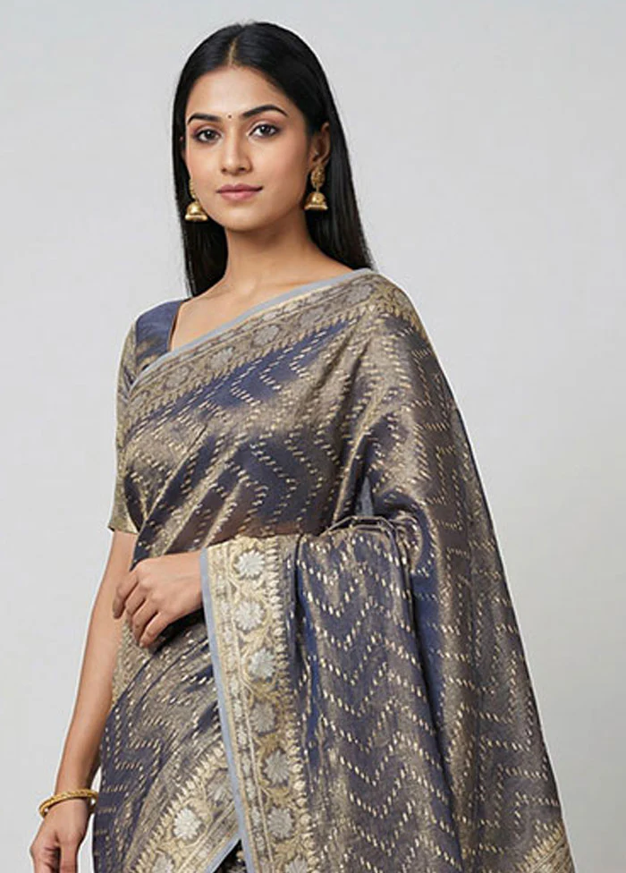 Blue Tissue Silk Saree With Blouse Piece - Image 2