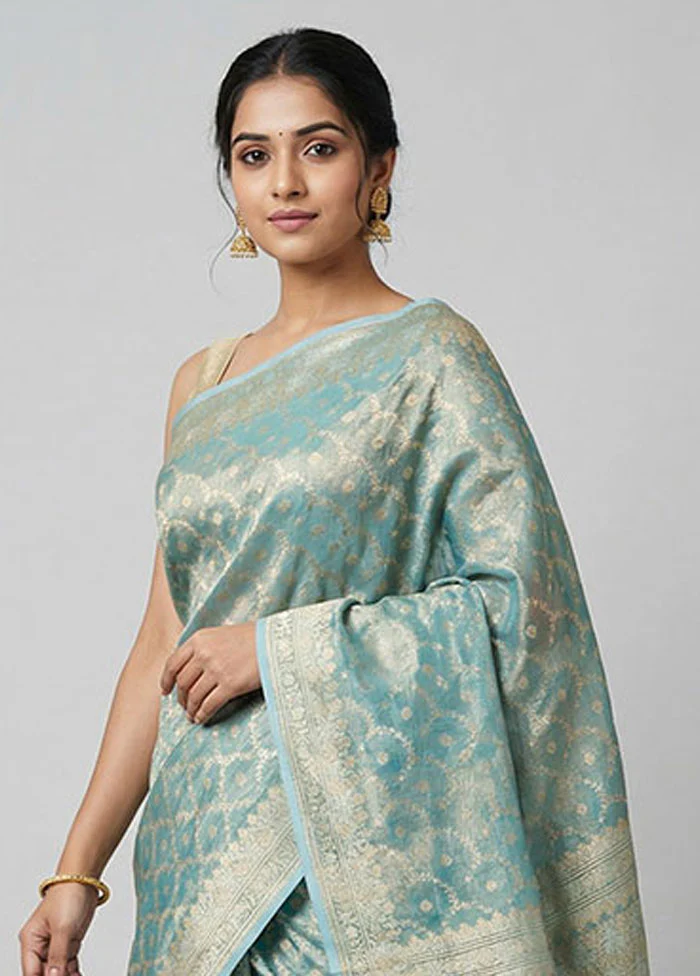 Blue Tissue Silk Saree With Blouse Piece - Image 2