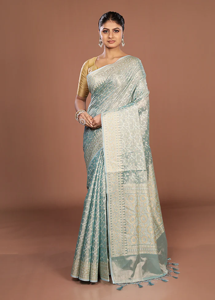Blue Tissue Silk Saree With Blouse Piece - Image 2