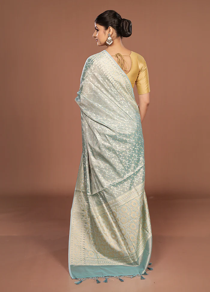 Blue Tissue Silk Saree With Blouse Piece - Image 3