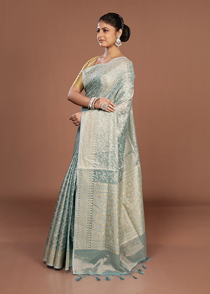 Blue Tissue Silk Saree With Blouse Piece - Image 4