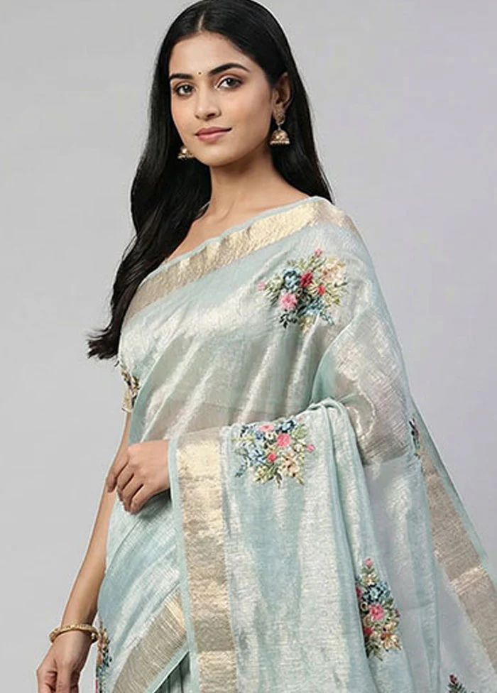 Blue Tissue Silk Saree With Blouse Piece - Image 2