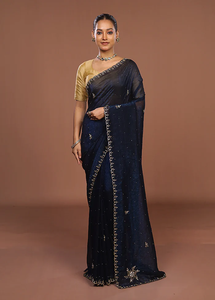 Blue Tissue Silk Saree With Blouse Piece - Image 2