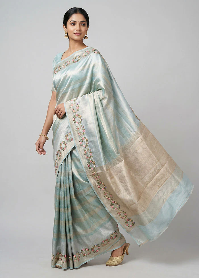 Blue Tissue Silk Saree With Blouse Piece